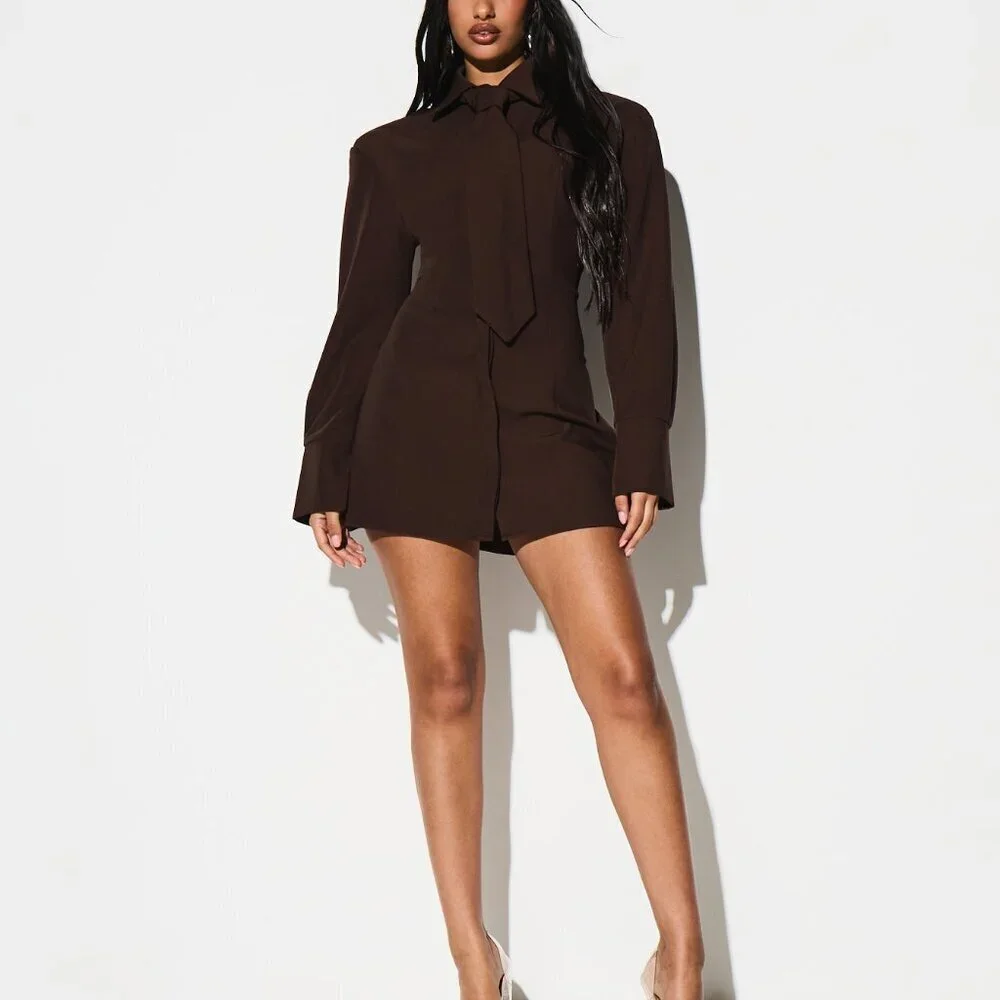 Brown Elegant Women's Long Sleeve Collared Tie Waist Mini Dress